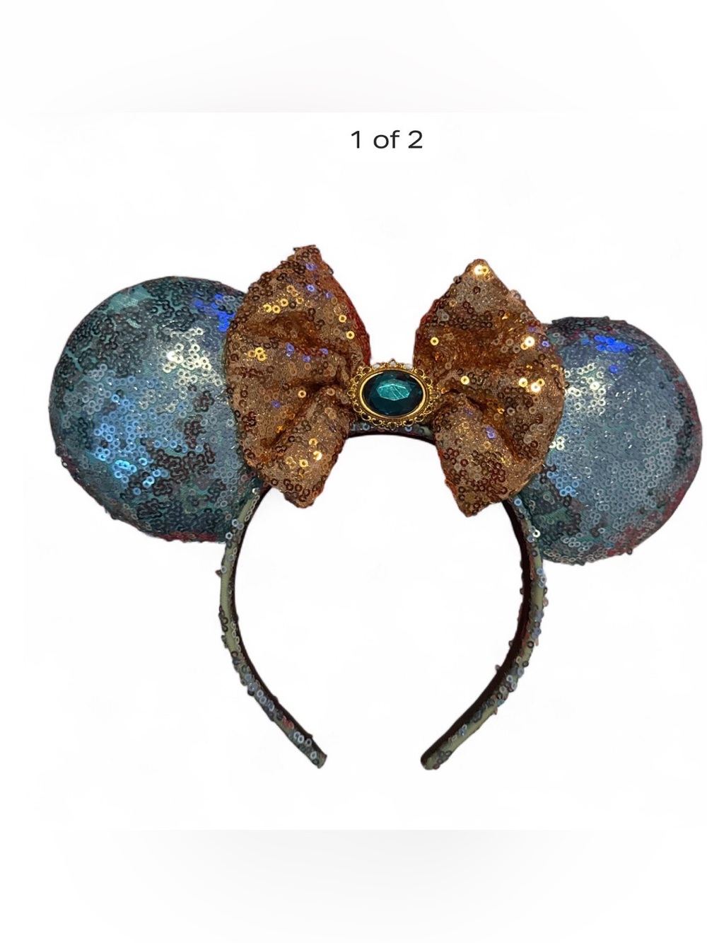 Disney Sequin Mouse Ear Headband with Teal Ears and Gold Bow